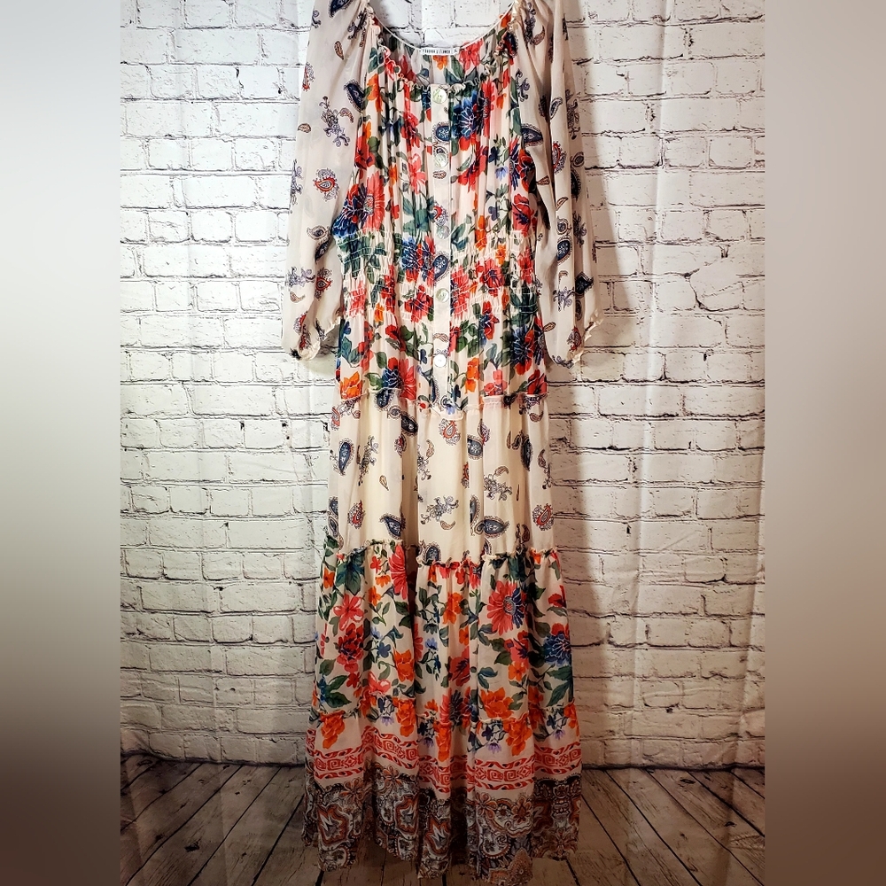Figueroa & Flower For Anthropologie Long Sleeve Floral Print Maxi Dress Size XL